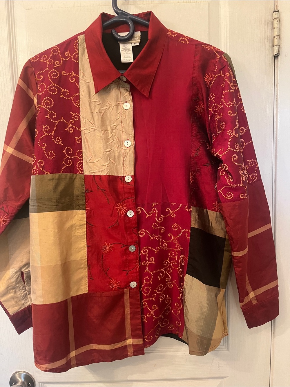 Vintage Y2K Coldwater Creek Silk/Poly Red and Gold Patchwork Embroidered Top
